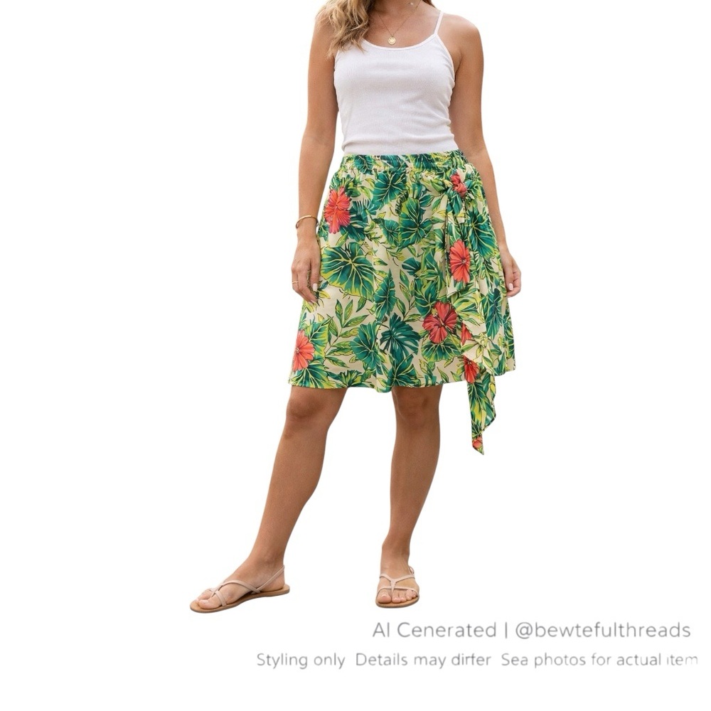 Tropical Silk Resort Skirt Floral Side Sash Cruise Boho Island Vibe M